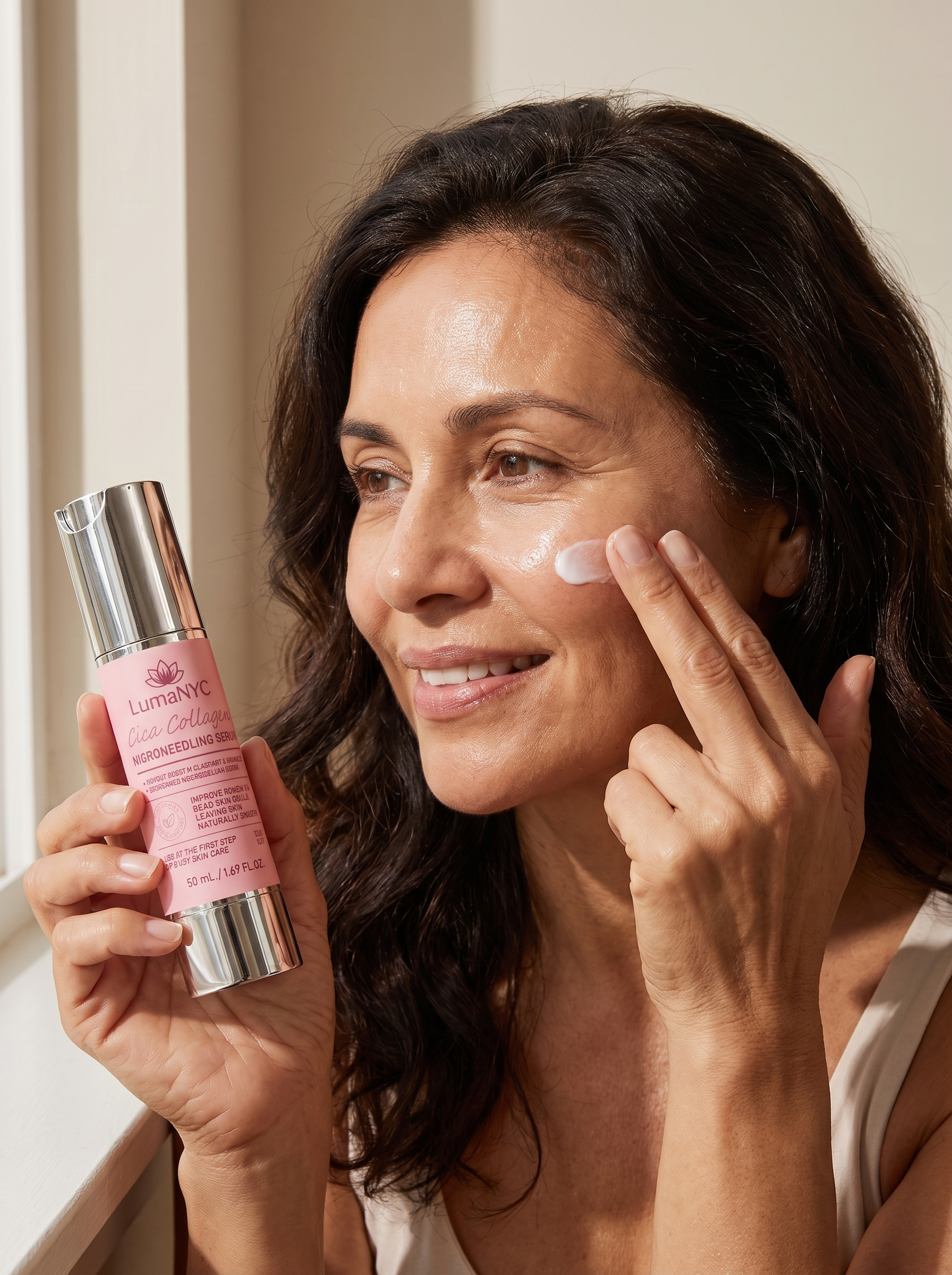 Woman applying LumaNYC spicule serum to her cheek