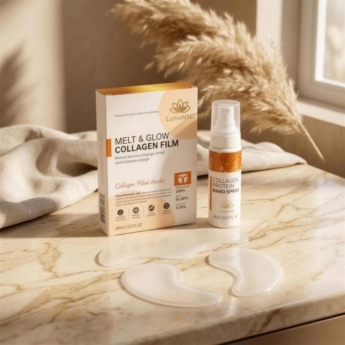 LumaNYC Melt & Glow — box, activator spray and collagen film sheets