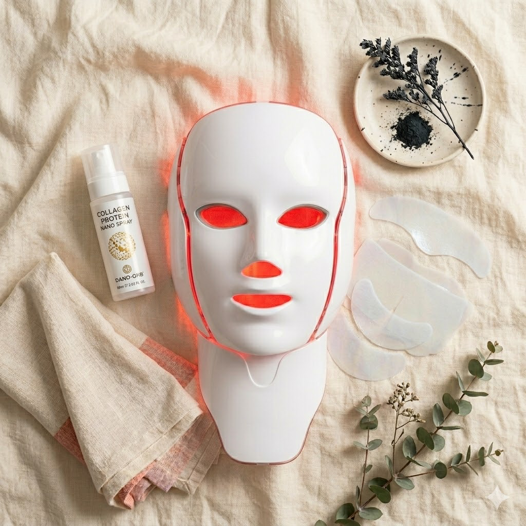 The Complete Glow Ritual bundle — LED face mask, collagen film patches and nano-spray flat-lay