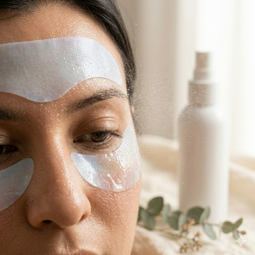 lumaNYC Melt & Glow collagen film patches on forehead and cheeks with nano-spray mist